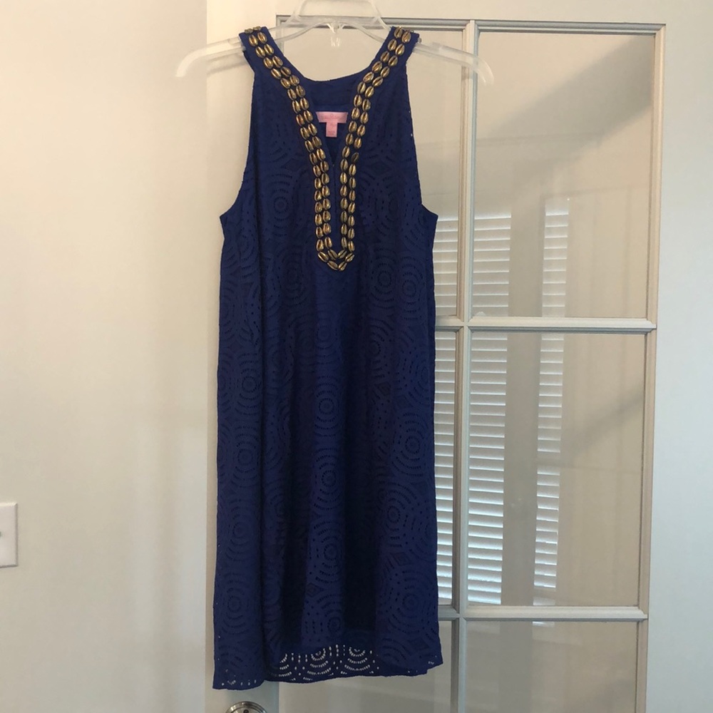 Lilly Pulitzer royal blue dress with golden shell embellishments, size xs